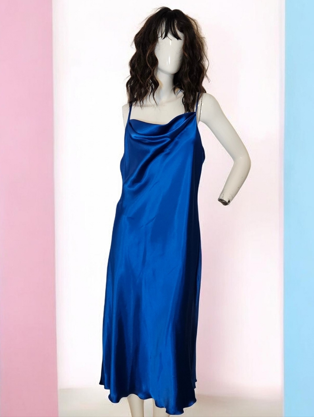 Bebe Satin Cowl Neck Slip Midi  Dress - Royal Blue Size L